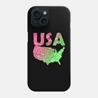 Colorful mandala art map of the United States of America with text in pink and green Phone Case