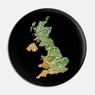 Colorful mandala art map of United Kingdom with text in green and orange Pin