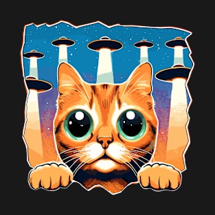 Big Eyes Funny Cat Selfie With UFOs Behind T-Shirt