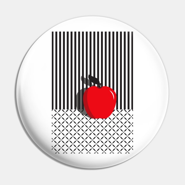 Red Pop Art Apple on black and white stripes and pattern Pin by missmewow