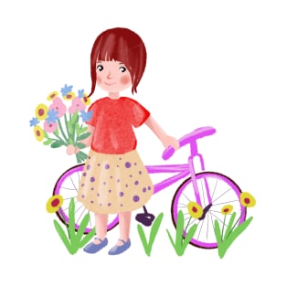 cartoon girl with a bicycle and a bouquet of wildflowers T-Shirt