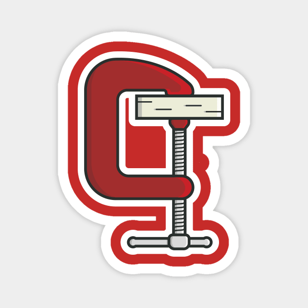 Wooden Piece in Clamp Compression Tool Sticker vector illustration. Tools object icon concept. Carpenter repairing tool and working tool clamp sticker design icon logo. Magnet by AlviStudio