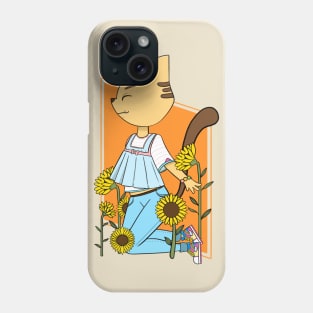 Cartoon anthropomorphic cat in sunflower patch Phone Case