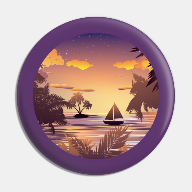 Tropical Island and Sailboat at Sunset Pin by AnnArtshock