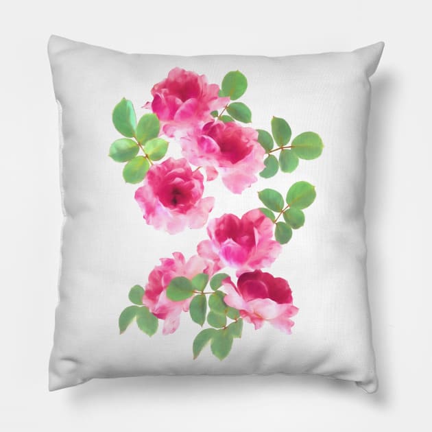 Raspberry Pink Painted Roses on White Pillow by micklyn