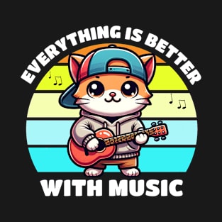 Cartoon Cat Everything Is Better With Music T-Shirt