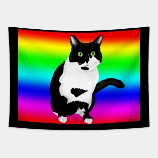 Black and white kitty on rainbow Tapestry