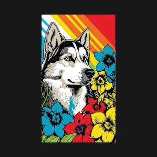 Husky Dog Vibrant Tropical Flower Tall Retro Vintage Digital Pop Art Portrait 4 T-Shirt