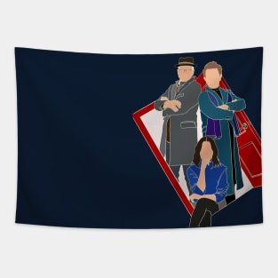 Only Murders In The Building Red Door Fan Art, Charles, Oliver, and Mabel Tapestry