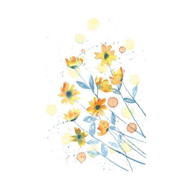 Yellow flowers with blue and orange details by cesartorresart