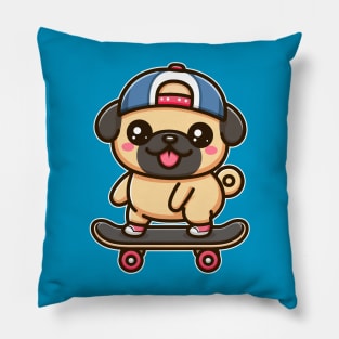 Kawaii Pug Puppy on Skateboard Cute Pug Lover Pillow