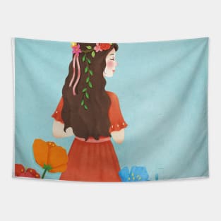 Modern Beautiful Lady With Flowers Tapestry