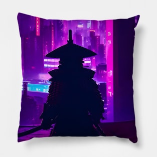 Japanese Samurai Cyberpunk Futuristic Neon City Pillow