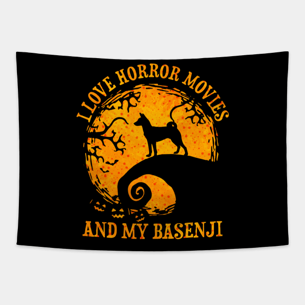 I Love Horror Movies And My Basenji Funny Dog Halloween Costume Tapestry by luxembourgertreatable