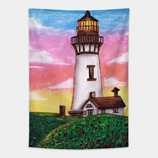 Watercolor - rainbow suntset lighthouse Tapestry