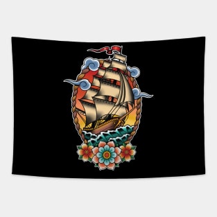 Traditional Tattoo Sailing Ship, Clipper Ship Illustration Tapestry