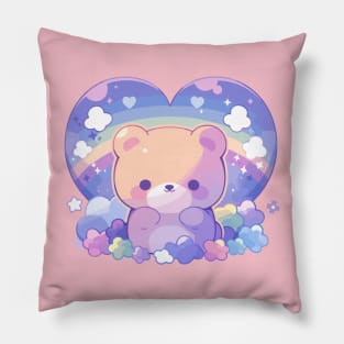 Cute Kawaii Baby Bear Cub With Rainbow Heart Pillow