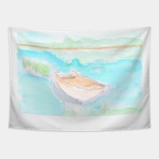 boat, river, lake, nature, landscape, summer, vacation, recreation, walk, watercolor, watercolour, hand drawn, drawing, illustration, Tapestry