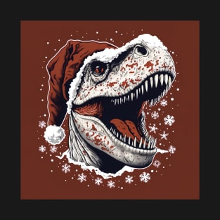 t-rex with christmas hat on red background T-Shirt