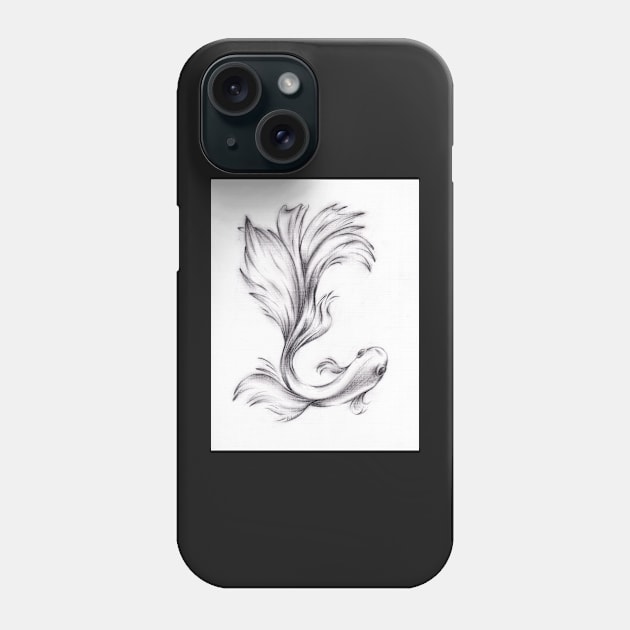 Bathing Beauty - Charcoal pencil drawing of a Betta Fighting Fish Phone Case by tranquilwaters