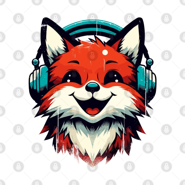 Funny Smiling musical fox wearing headphones by TomFrontierArt