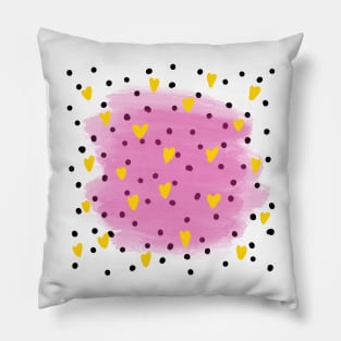 Abstract yellow hearts in blue watercolour brushes and black dots around Pillow