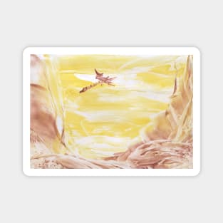 Mountain landscape with dragon. Encaustic, art decoration, sketch. Magnet