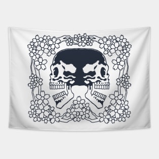 Twin Skulls and Sakura Ink Art Tattoo Retro Black Tapestry