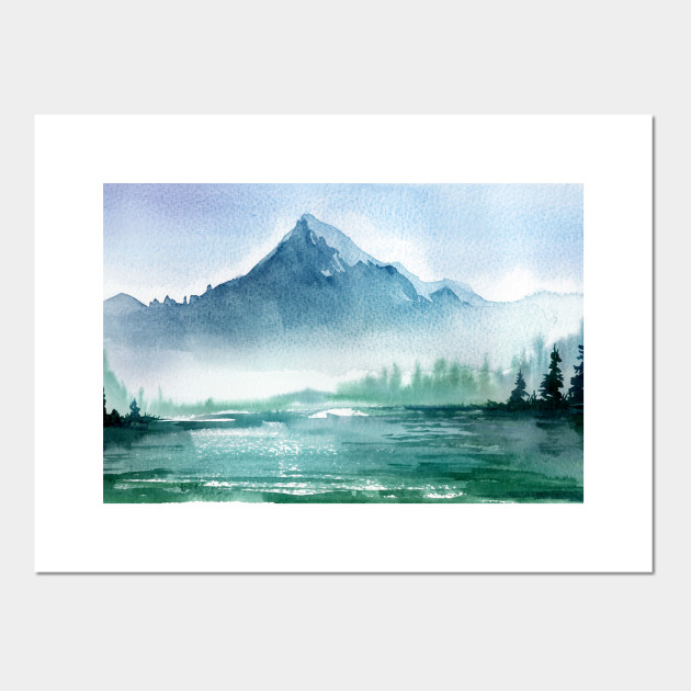 Watercolor Painting Of Lake And Misty Mountain Landscape