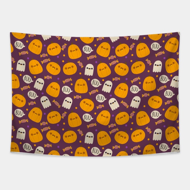 JackOLantern Ghost Boo Candy Halloween Cute Fun Spooky Pattern Design Orange Purple Tapestry by OfficialTeeDreams