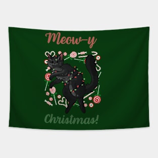 Meow-y Christmas! - Black Fluffy Cat Tapestry