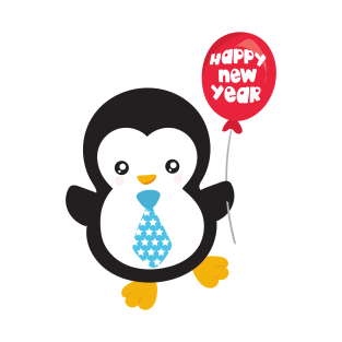 New Year Penguin, Happy New Year, Balloon, Tie T-Shirt