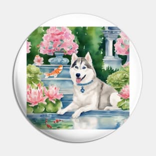 Husky and a flying fish, whimsical watercolor painting Pin