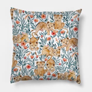 Lion Cub Pairs and Poppies on White Pillow