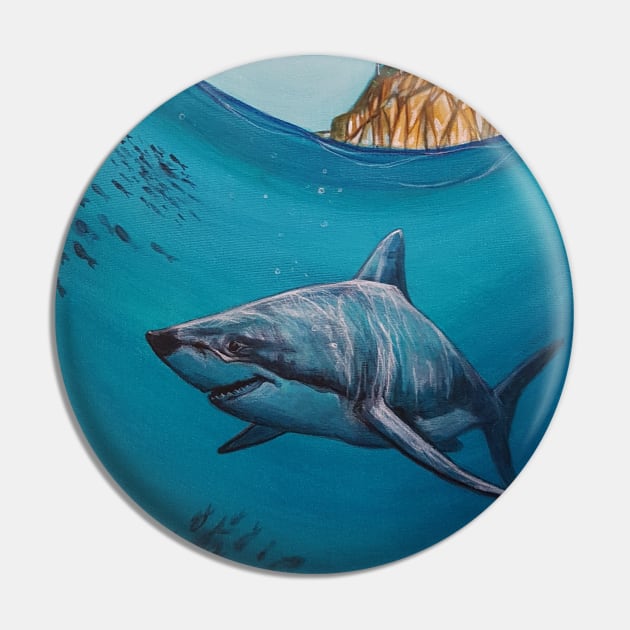 Great White Shark Under the Sea Pin by StephaniePerryArt