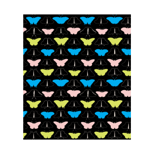 Pattern of colorful neon butterflies on black T-Shirt