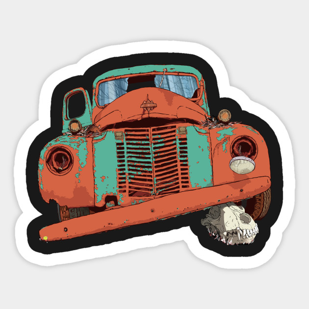 Old Vintage Truck And Wolf Skull Vintage Car Artwork Sticker