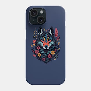 Colorful wolf with flowers Phone Case