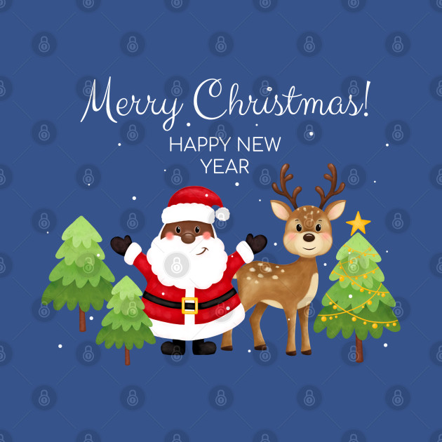 Merry christmas and happy new year greeting card. Black santa, deer, trees, stars, snow. African American Santa. - Black Santa Claus African America - T-Shirt