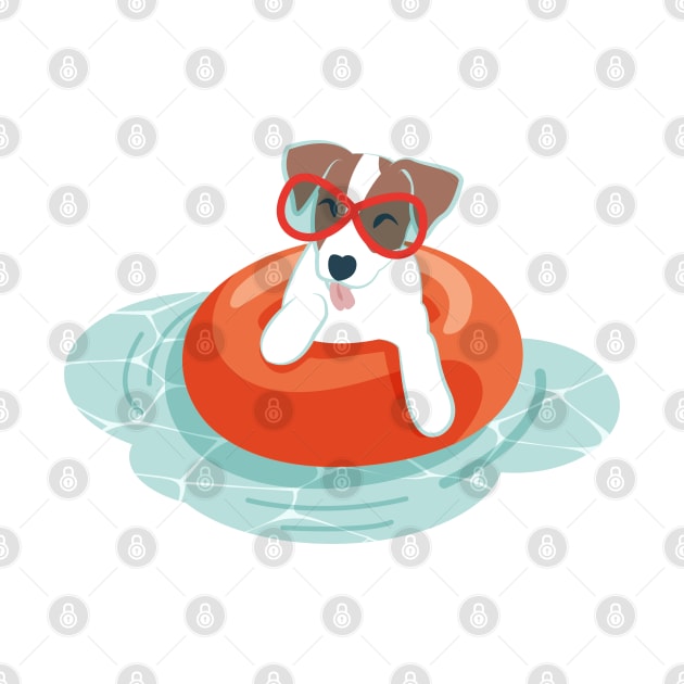 Summer pool pawty // aqua background Jack Russell terrier dog breed in vacation playing on swimming pool by SelmaCardoso