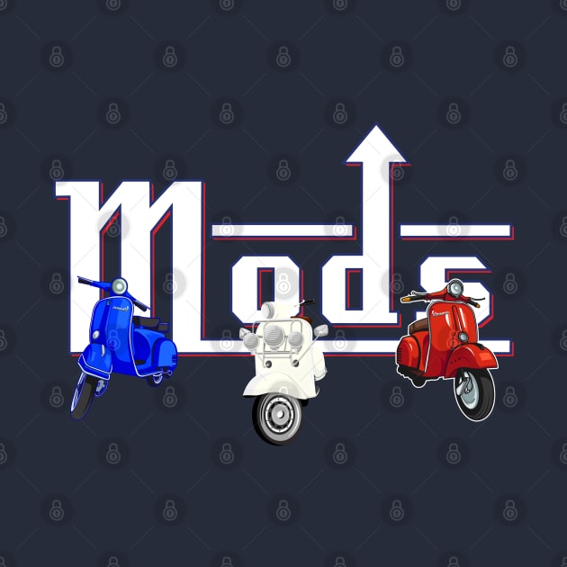 MODs Three Scooters with roundel colour scooters and MODs graphic by Surfer Dave Designs