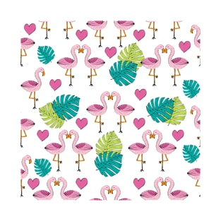 Summer flamingo and leaves seamless pattern. T-Shirt