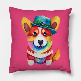 Colorful Corgi in a Hat Pillow