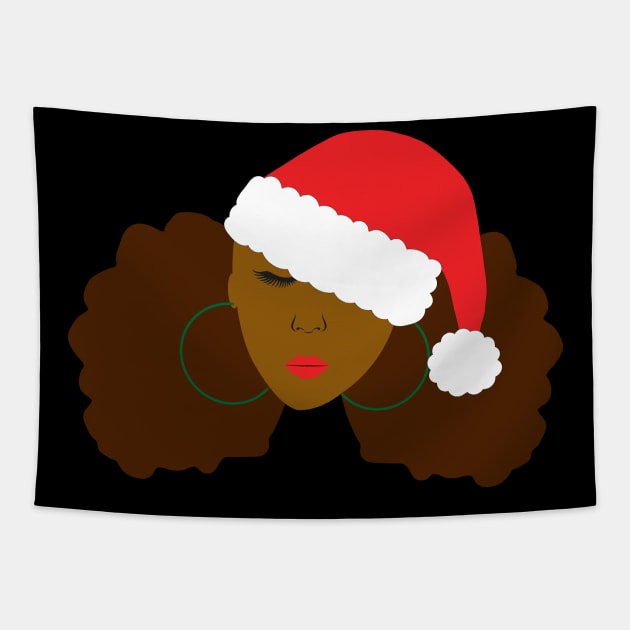 Afro Puffs Santa Hat Christmas Tapestry by blackartmattersshop