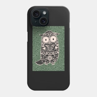 Black and White Folk Art Owl on Green Floral Background - Phone Case