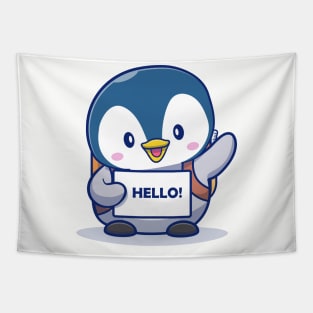 Cute Penguin Student Say Greeting Tapestry