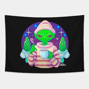 Christmas Funny Alien Drinking Coffee Wearing Sweater Tapestry