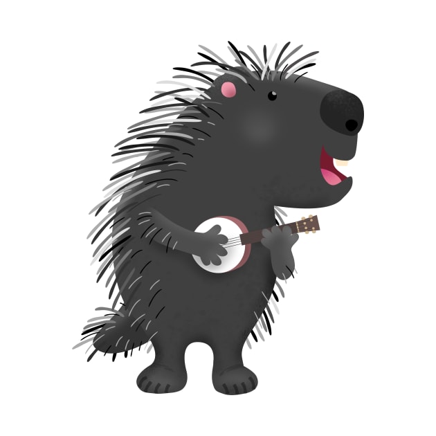 Cute funny porcupine playing banjo cartoon by FrogFactory