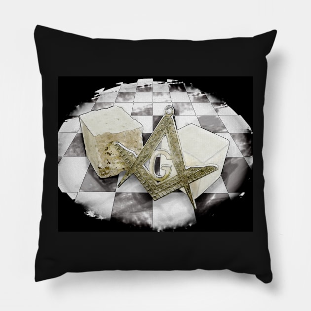 Masonic symbols, with chess board, square and compass, G letter and stones. Pillow by NxtArt