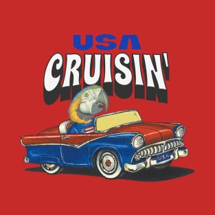 Funny and cute African blue and gold Macaw Bird driving a classic car cruising the USA T-Shirt